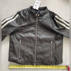 Brown Faux Leather Jacket with Sleeve Stripes